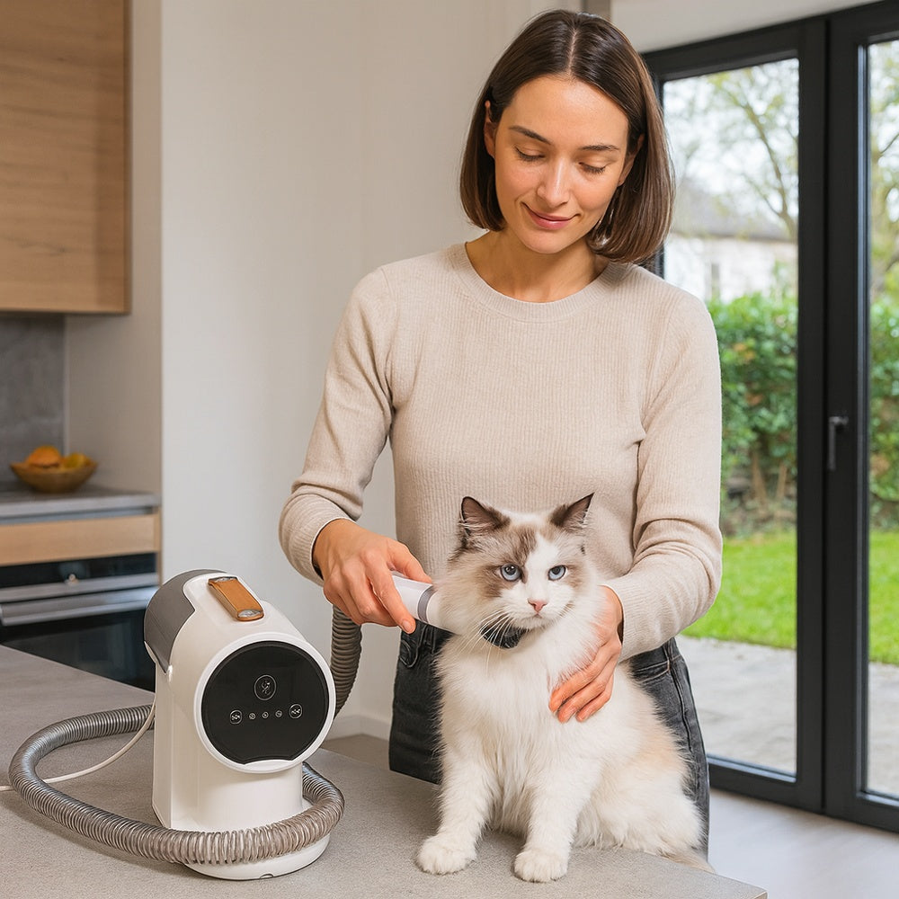 Katten trimset met opvangsysteem borstels en kammen | Veloria