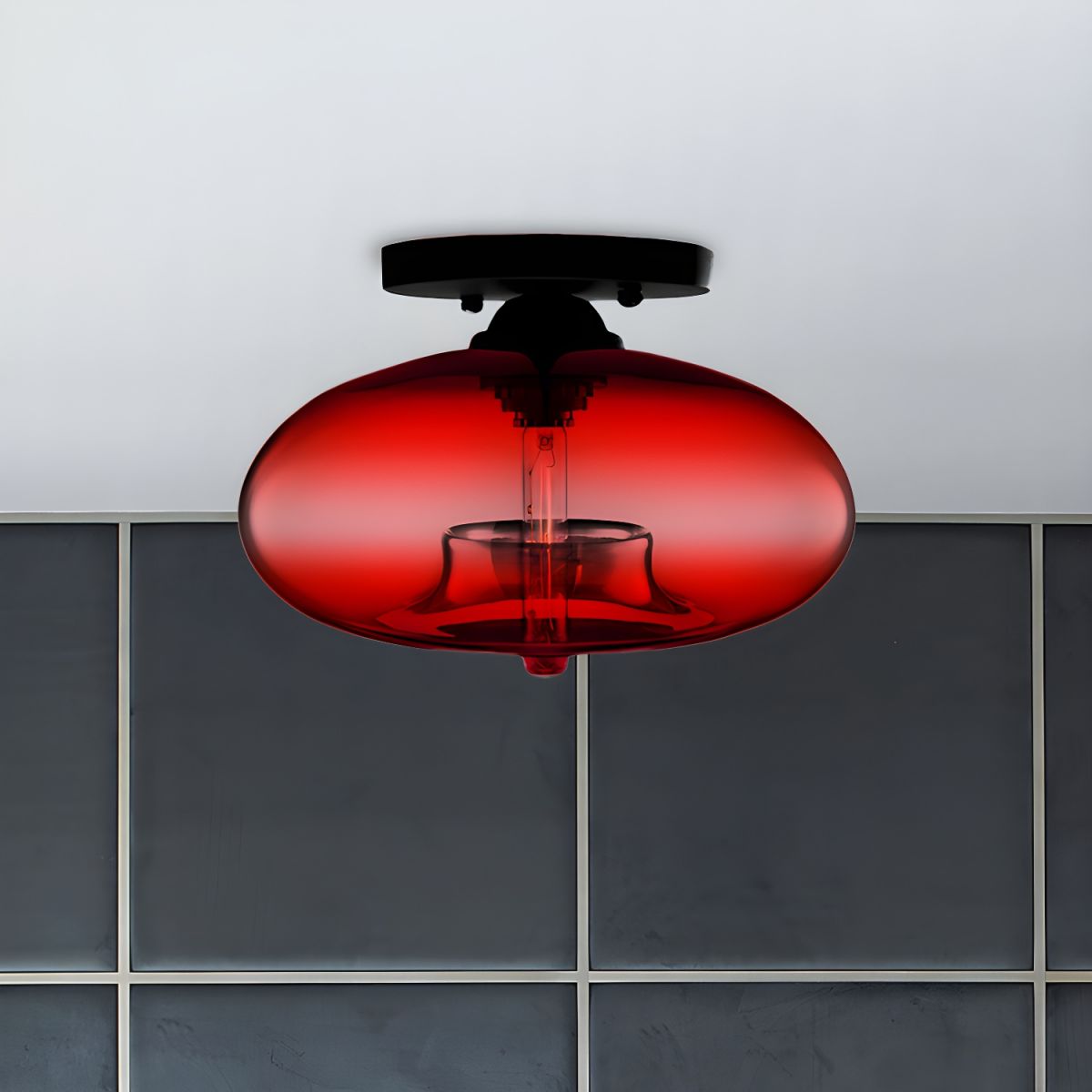 Plafondlamp glazen ovale kap industriele stijl | Olviera