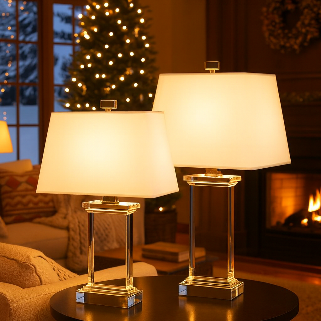 Tafellamp met Kristallen Voet en Moderne Witte Kap | Selvian