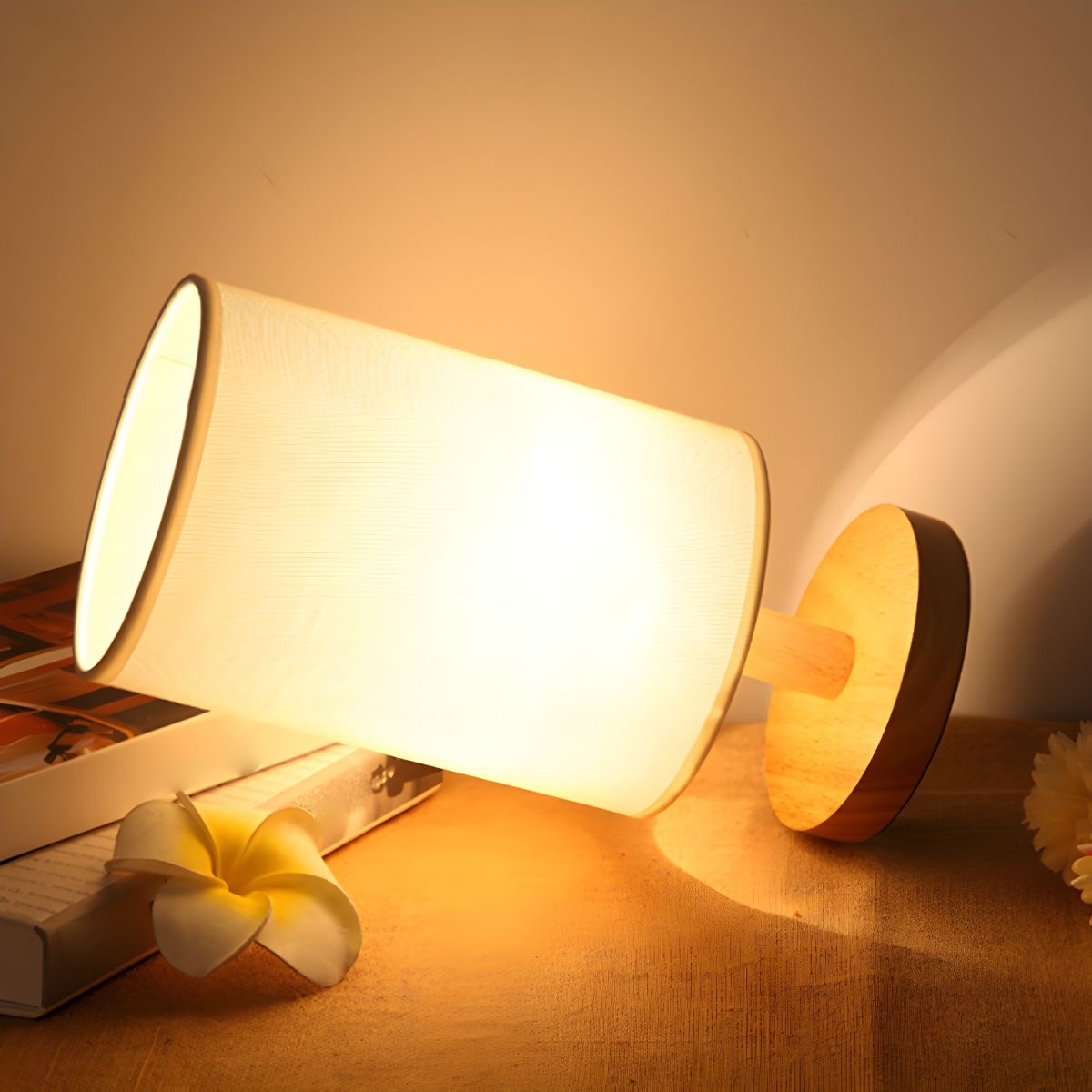 Tafellamp met Massief Houten Voet Moderne Stoffen Kap | Qirvan