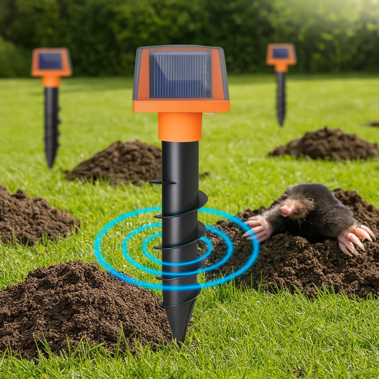 Ultrasone mollenverjager op zonne-energie met grondtrilling | SonicRoot