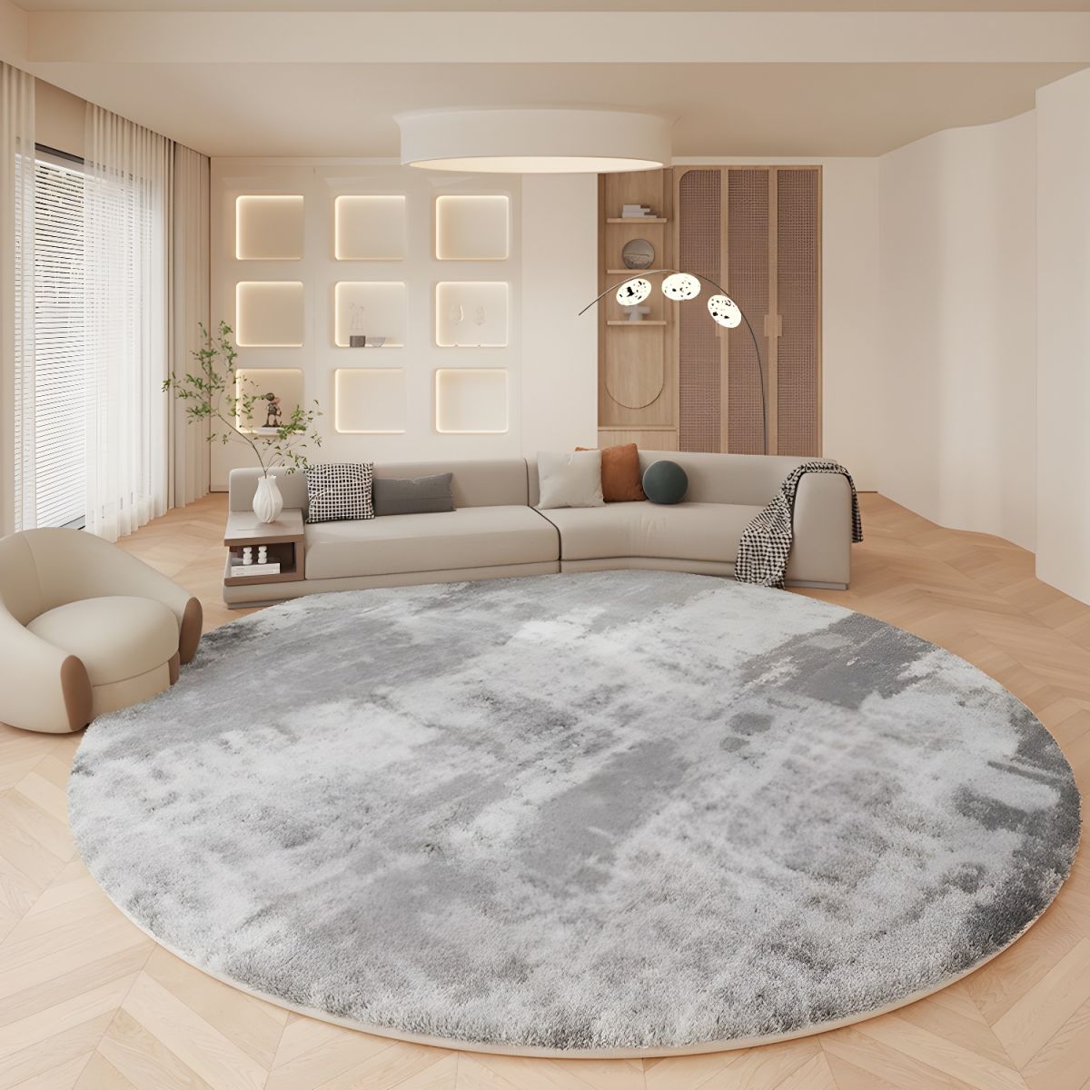 Vloerkleed in lamswol nordic abstract grijs rond | Solvane