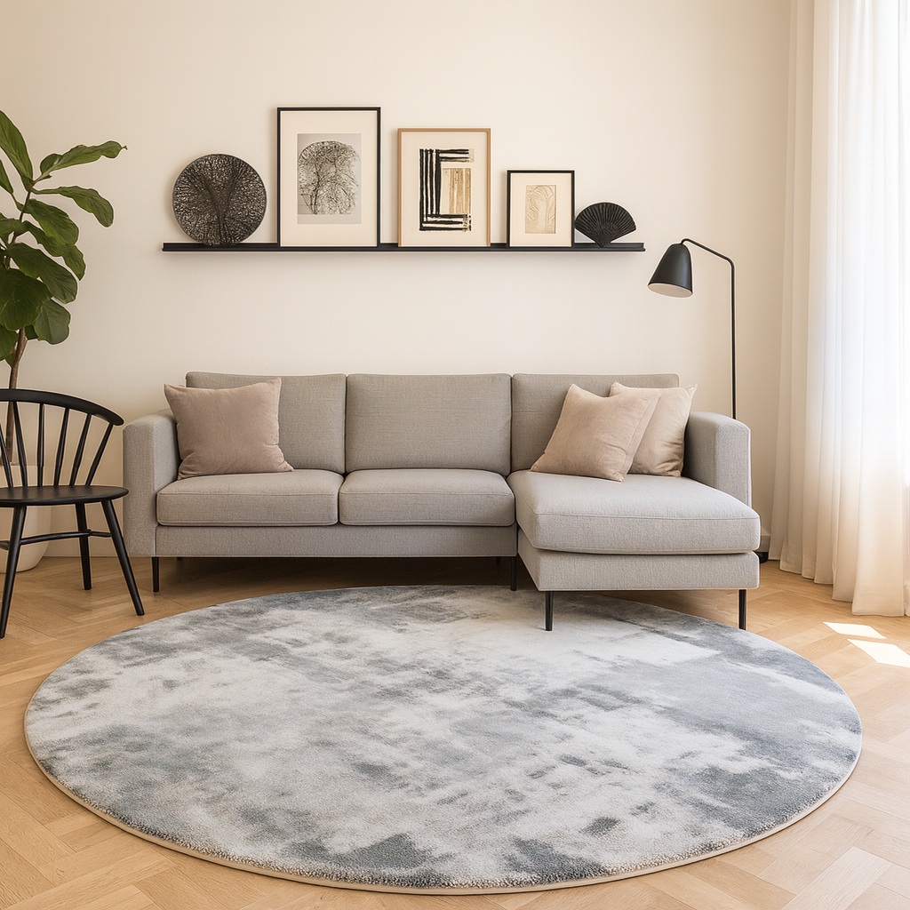 Vloerkleed in lamswol nordic abstract grijs rond | Solvane